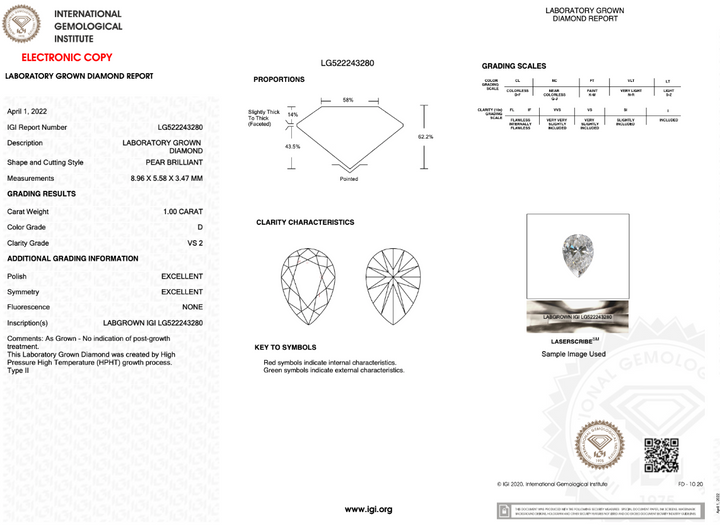 1.00CT Pear D VS2 EX EX NONE LAB GROWN DIAMOND - LG522243280 - Roselle Jewelry