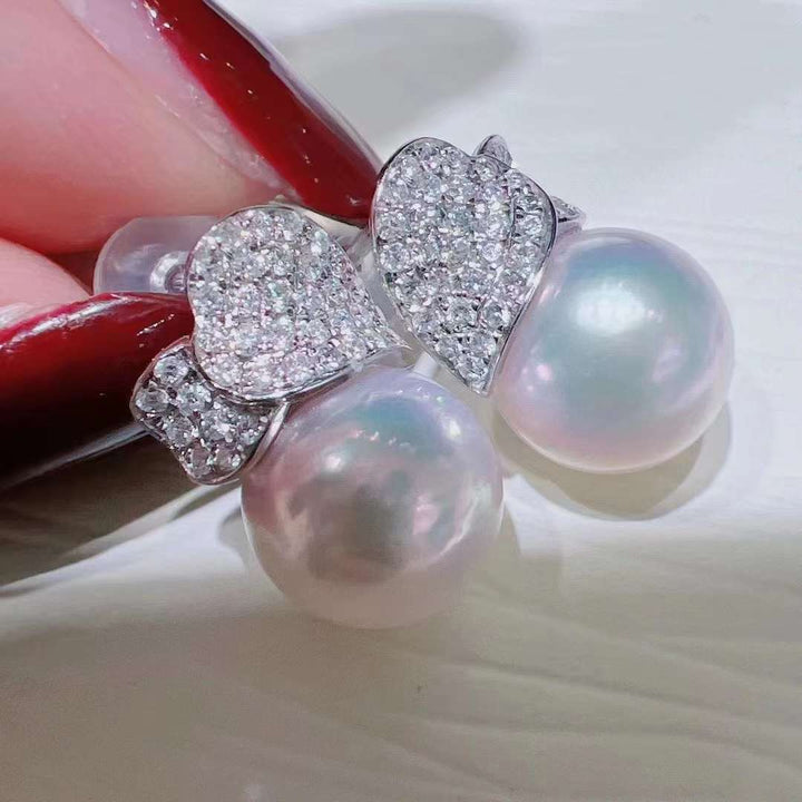 18K White Gold Akoya White Pearl With Diamond Earrings - TS031 - Roselle Jewelry