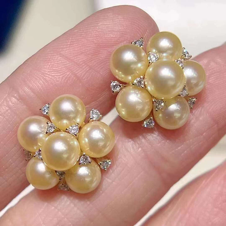18K Akoya Pearl With Diamond Floral Stud Earrings and Pendant Set - TS007 - Roselle Jewelry