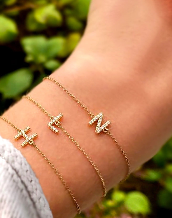 Delicate Pave Diamond Initial Letter Bracelet - SB002 - Roselle Jewelry